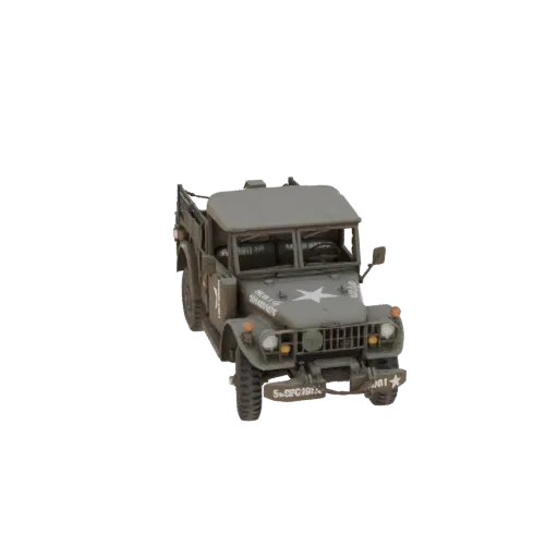 Vista frontale a tre quarti di un modello 3D di un camioncino militare Dodge M37 del 1952 con un emblema a stella sul cofano.