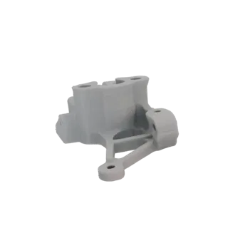3D model of a gray industrial metal bracket with multiple bolt holes, shown from a side angle against a white background.