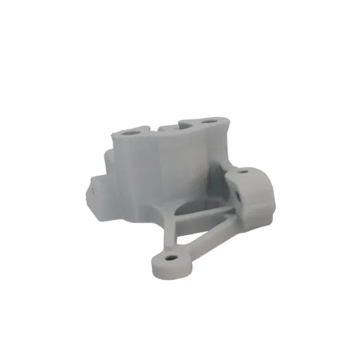 3D model of a gray industrial metal bracket with multiple bolt holes, shown from a side angle against a white background.