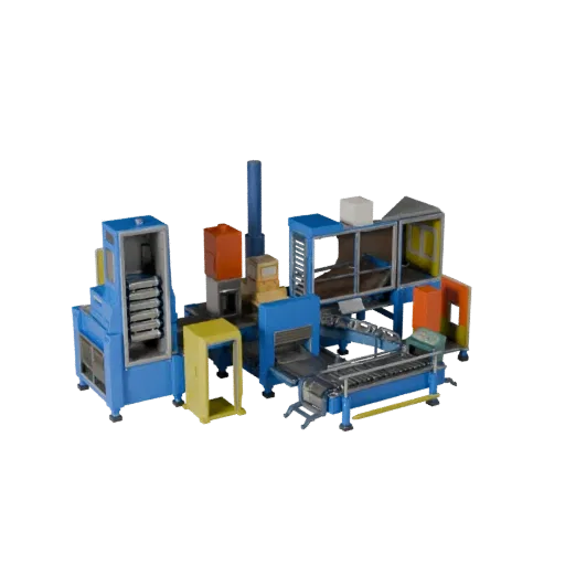 Packaging Conveyor Module Low Poly 3D model, game viewport three-quarter view, showing painted steel, machine stations.