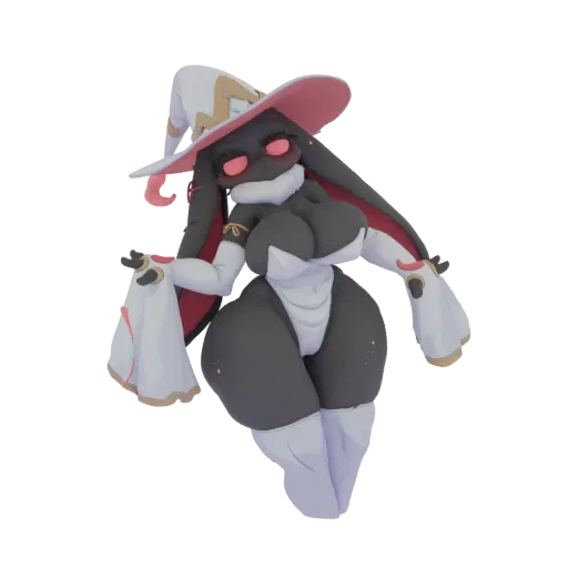 3D model render of a stylized Bunny Witch character wearing a witch hat and white outfit, with dark fur and glowing red eyes.