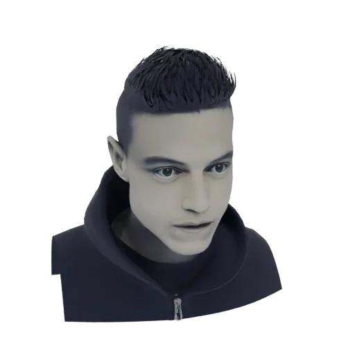 Render di modello 3D di un busto di personaggio maschile stilizzato con taglio di capelli undercut scuro, occhi blu e felpa s