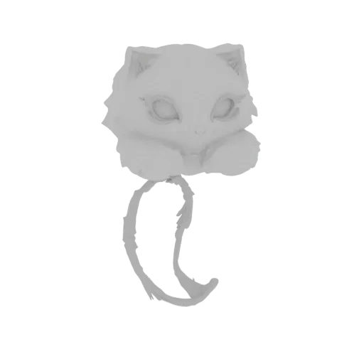 3D render of a cute, stylized white cat head with large eyes and a flowing, wispy tail, presented against a white background.