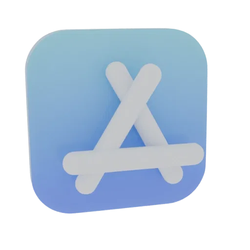 3D model of the Apple App Store icon with a blue-purple gradient background and a white 'A' symbol.