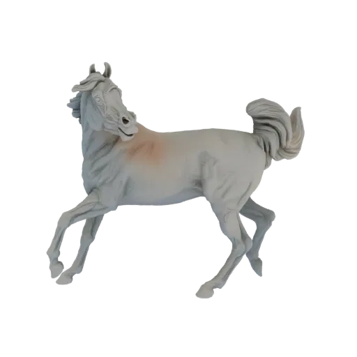 3D model of a white Arabian horse in a dynamic running pose, with flowing mane and tail, against a black background.