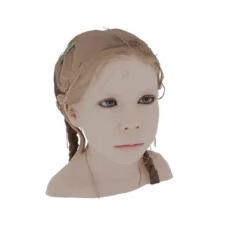 3D-Modell eines jungen Mädchens mit blonden Zöpfen, blauen Augen und einer hellblauen Haarspange, das leicht zur Seite blickt