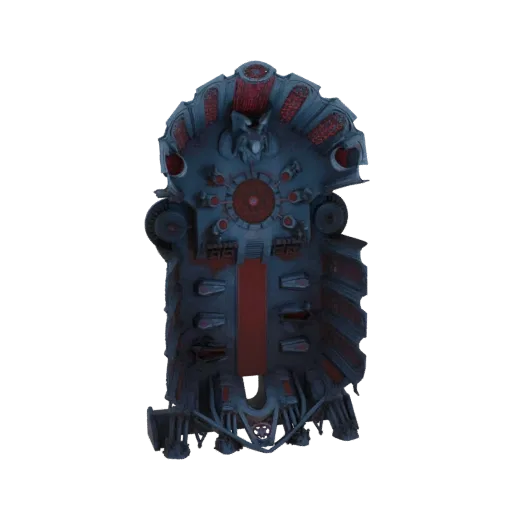 A detailed 3D model of a dark, gothic sci-fi throne with red accents, featuring intricate mechanical and architectural elemen