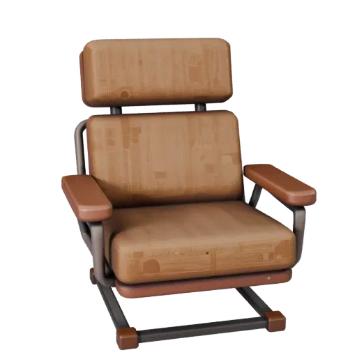 Industrial Lounge Chair Stylized 3D model, home interior, stylized isometric render, wood detail.