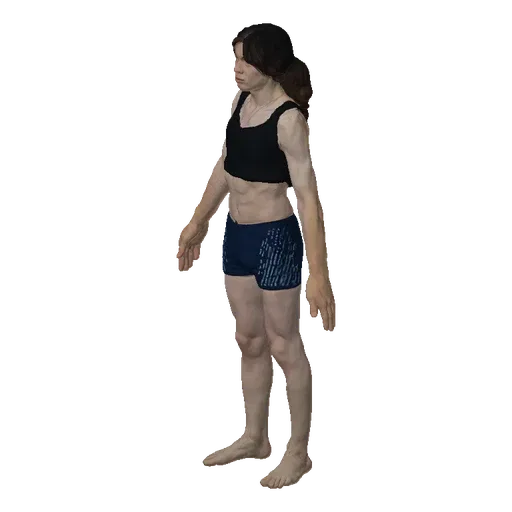 3D model of a young man with dark hair, wearing a black tank top and blue patterned shorts, standing in a neutral pose agains