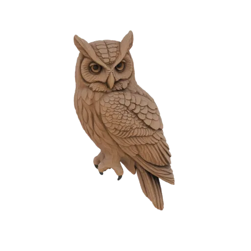 Un modelo 3D detallado de un búho de madera tallada, con intrincados detalles de plumas y una textura de madera realista, sob