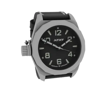 3D model of an AGAT watch with a black dial, silver case, and prominent crown, shown against a black background.