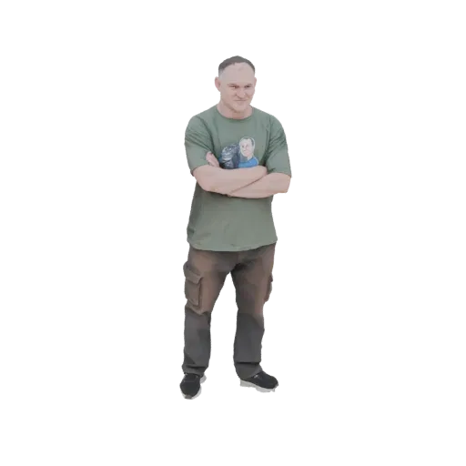 3D model of a man standing with arms crossed, wearing a green graphic t-shirt and cargo pants.