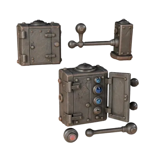 Dungeon Control Lever Realistic 3D model, three-quarter studio render, showing metal hinges, form detail.