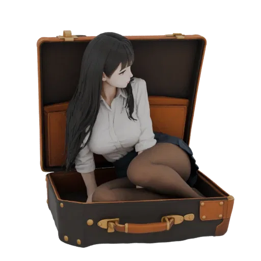Rendu 3D d'une fille anime aux longs cheveux noirs assise à l'intérieur d'une valise vintage ouverte.