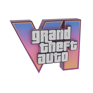 3D model of the Grand Theft Auto VI logo with a pink-to-orange gradient background and white text.