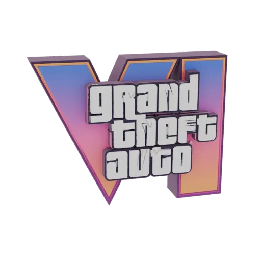 نموذج ثلاثي الأبعاد لشعار Grand Theft Auto VI بخلفية متدرجة من الوردي إلى البرتقالي ونص أبيض.