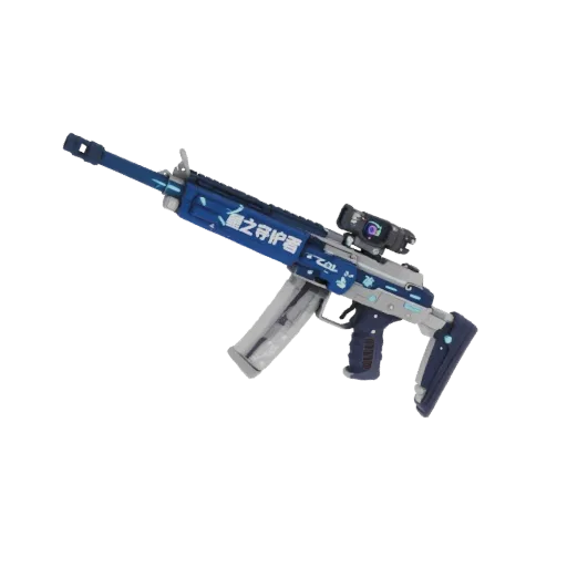 3D model of the futuristic "Star Guardian" assault rifle in dark blue and silver with neon blue accents, holographic sight, a