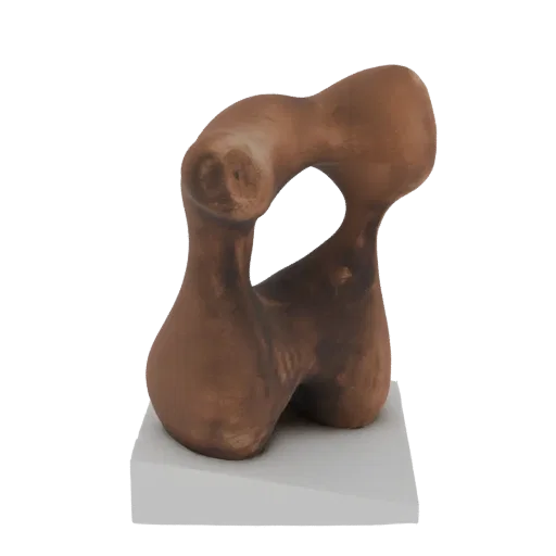 3D model of an abstract organic sculpture with smooth, flowing curves, presented on a white base.