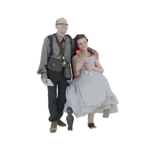 3D model of a man and woman standing together, holding a bouquet of pink and red roses.