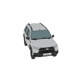 3D-Modell eines weißen Lada Niva Travel SUVs, aus einem leicht erhöhten Frontwinkel betrachtet.