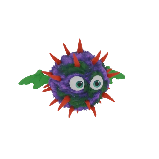 A 3D render of a fuzzy, spiky creature with purple and green fur, orange spikes, big blue eyes, and small green wings, set ag