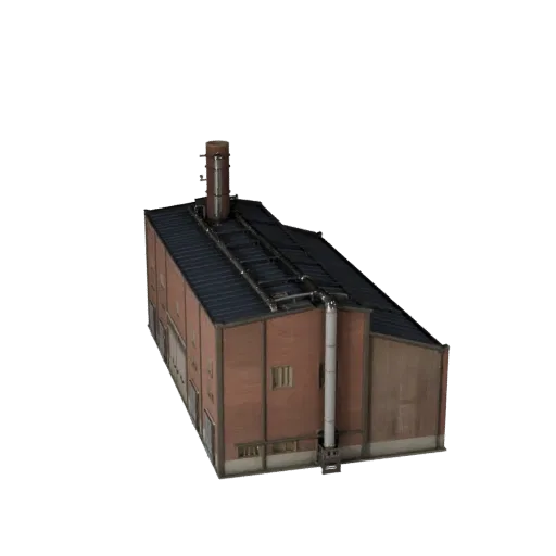 Power Plant realistic 3D model, three-quarter exterior view, showing industrial building materials and architectural detail