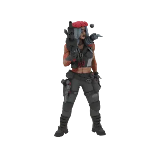 3D-Modell einer Cyberpunk-Kriegerin mit roter Blumenkrone, grauen Haaren und einem Gewehr, stehend vor weißem Hintergrund.