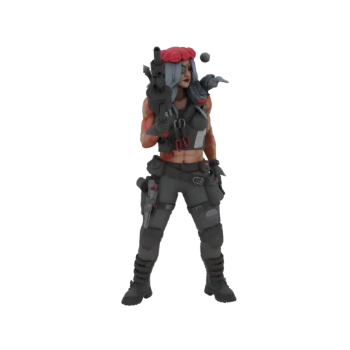 3D model of a cyberpunk warrior with a red flower crown, grey hair, and a rifle, standing against a white background.