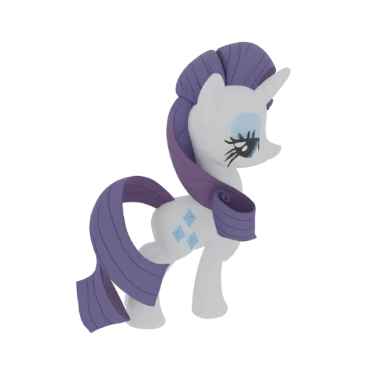 3D model of Rarity, a white unicorn pony with a purple mane and tail, standing with her diamond cutie marks visible.