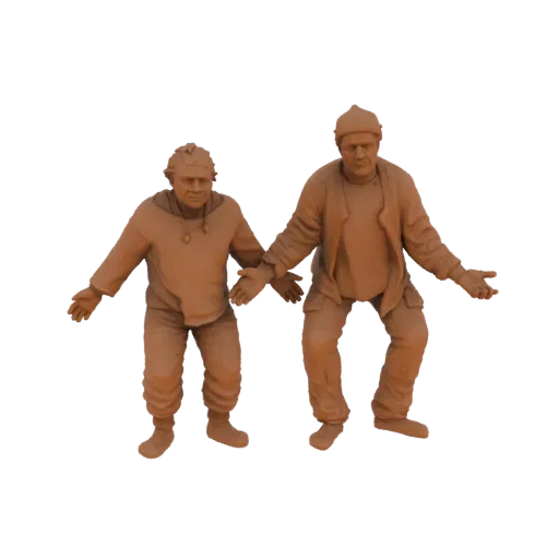 3D render of two male figures in casual clothing, arms outstretched, with a terracotta-like finish.