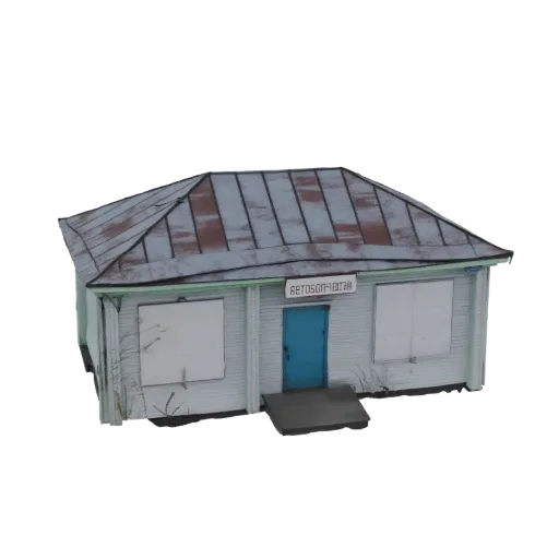 3D model of an abandoned Soviet-era storefront with a rusted metal roof, boarded windows, and a blue door.