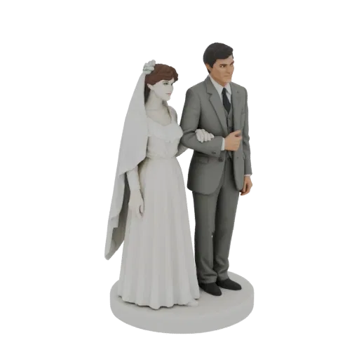 3D model of a classic wedding couple, bride in white gown and veil, groom in grey suit, standing arm-in-arm on a circular bas