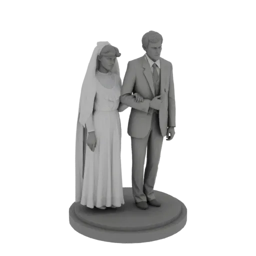 3D model of a classic wedding couple, bride in a white gown and veil, groom in a suit, posed together on a circular base.
