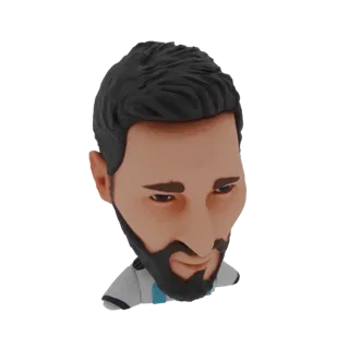 Modello 3D di una caricatura di Lionel Messi, con la sua acconciatura e barba caratteristiche, che indossa una maglia da calc