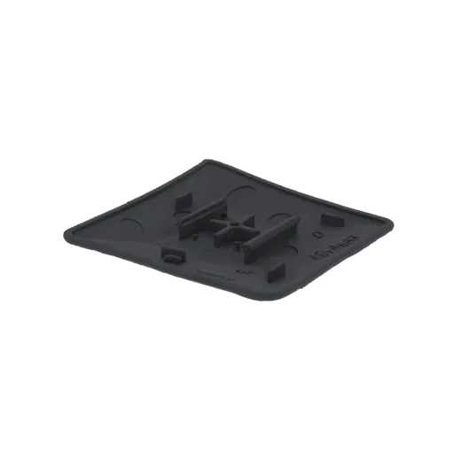 3D model of a dark gray square button cap viewed from a slight angle, showing mounting posts on the underside.