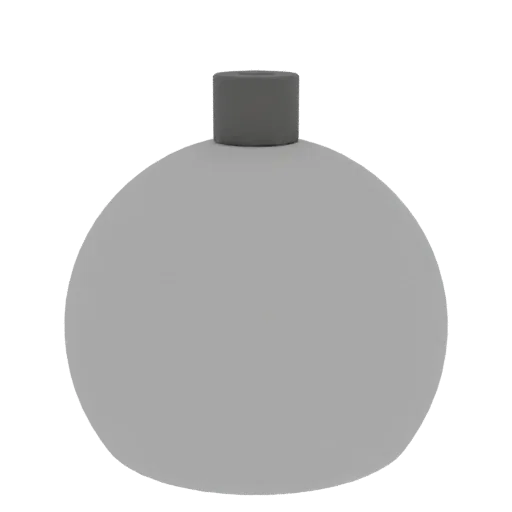 A 3D render of a minimalist spherical perfume bottle with a matte gray body and a matte gray cap, set against a white backgro