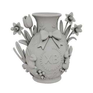3D model of a decorative Easter vase with bunnies, flowers, and a bow, made in porcelain style