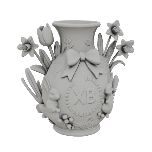 Modèle 3D de vase de Pâques décoratif avec lapins, fleurs et nœud, style porcelaine