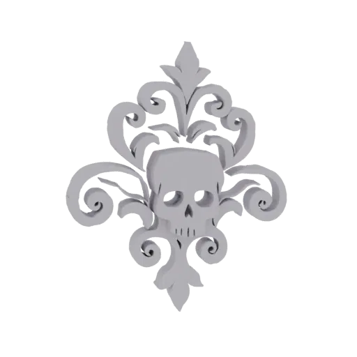 A 3D render of a gothic skull ornament with intricate scrollwork, set against a black background.