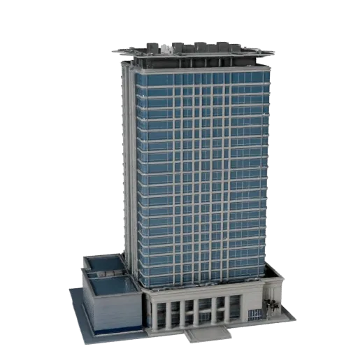 Office Tower high poly 3D model, close-up architectural render view, showing commercial office building materials and archite
