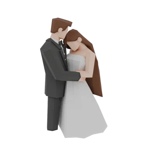 3D model of a polygonal loving couple figurine: man in tuxedo embraces woman in wedding dress.