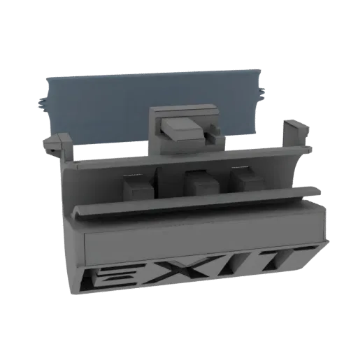 3D model of a gray exit sign with visible internal components and illuminated 'EXIT' text.