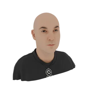 3D model render of a bald man wearing a black t-shirt and a circular pendant, viewed from the chest up.