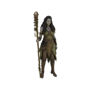 3D model of a female druidic sorceress with long dark hair, wearing green and brown attire, holding a vine-covered wooden sta
