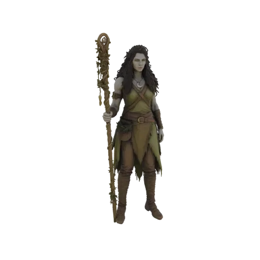 3D-Modell einer weiblichen Druidensommerin mit langen dunklen Haaren, in grüner und brauner Kleidung, die einen von Ranken be
