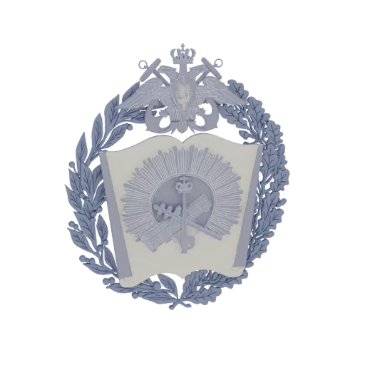 3D model of a military emblem with a laurel wreath, open book, crossed sabers, crown, and double-headed eagle.