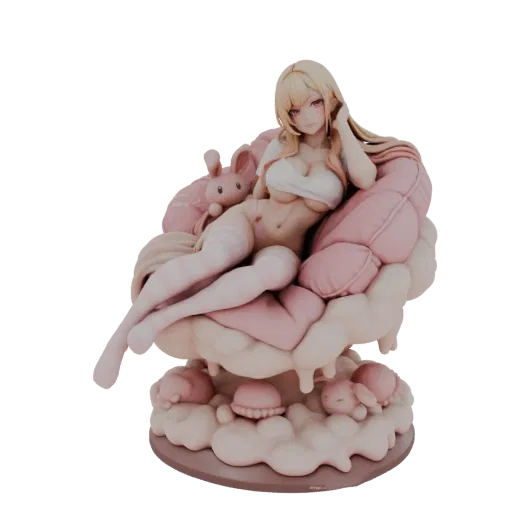 3D model of a blonde anime girl in pajamas sitting on a large pink and white marshmallow-shaped chair with bunny figures on t
