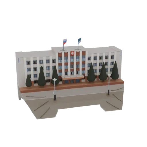 Modelo 3D de un edificio hospitalario moderno con árboles y farolas sobre una base, visto desde un ángulo ligeramente elevado
