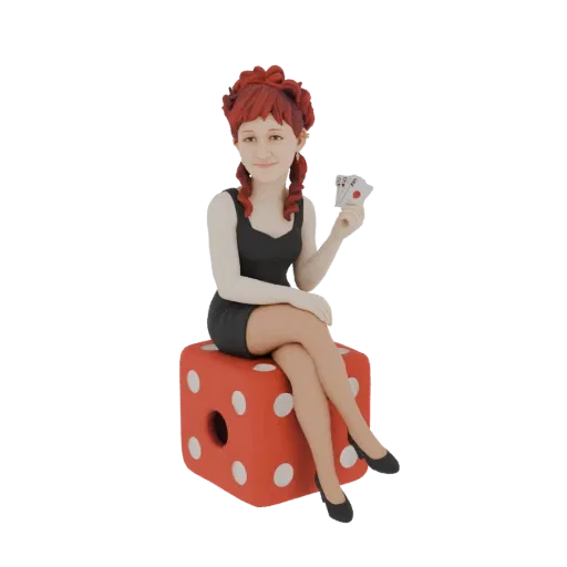 3D model of a stylized casino girl with red hair, holding playing cards and sitting on a large red die.