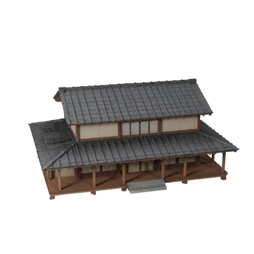 Japanese House low poly 3D model, game-ready exterior view, showing residential building materials and architectural detail